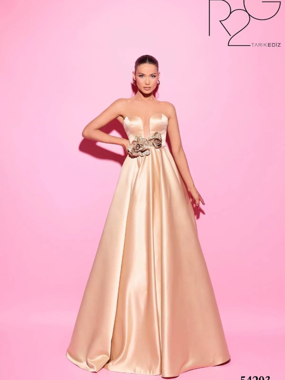 Tarik Ediz 54203 Gold Satin-Look Maxi Dress Size 2 NWT